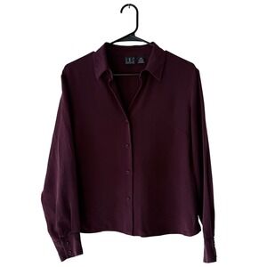 INC International‎ Concepts Petite Burgundy Silk Long Sleeve Collared Button Up
